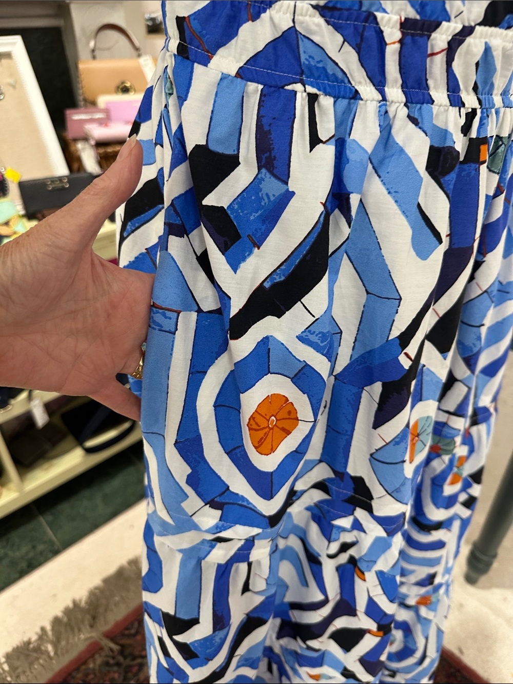 Anthropologie Blue Geometric Print Tiered Maxi Dress with Orange Accents. - Picture 6 of 8